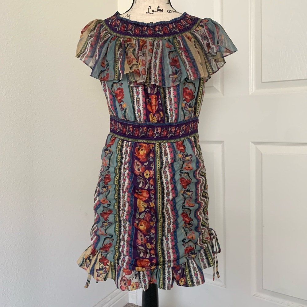 Boho Floral Ruffle Mini Dress in Teal & Purple